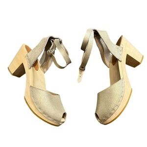 Bryr Peep Toe Clog Women 40 US 10 Metallic Suede Ankle Strap Wooden Block Heel